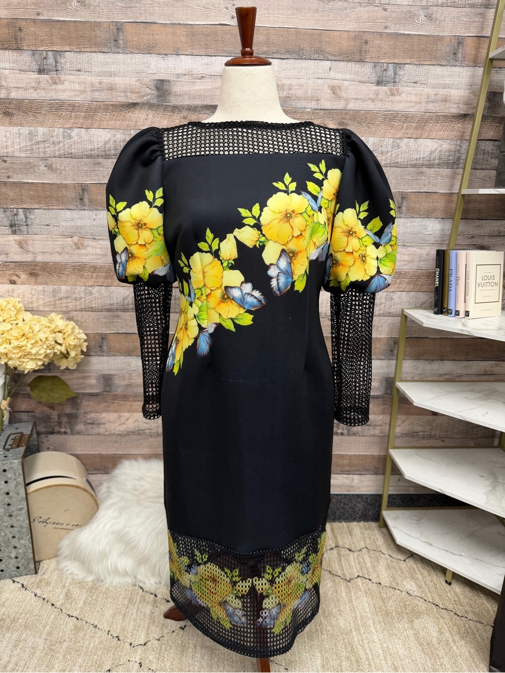 For Her NYC Black Floral Mesh Sleeve Dress XL